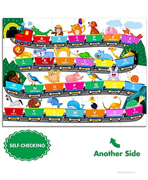 24 Pieces Double-Sided Floor Jigsaw Puzzle,2 Themes Ocean Sea Life World and Alphabet Train for Preschool Early Learning 18” X 24”
