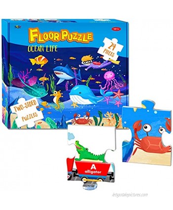 24 Pieces Double-Sided Floor Jigsaw Puzzle,2 Themes Ocean Sea Life World and Alphabet Train for Preschool Early Learning 18” X 24”