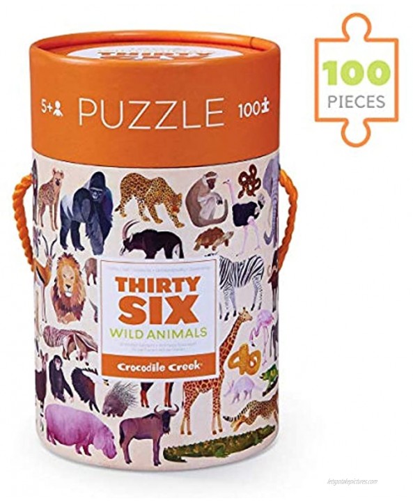 Crocodile Creek Thirty-Six Wild Animals 100 Piece Jigsaw Puzzle in Canister Includes Educational Animal Finder Sheet for Ages 5 Years and Up 1 ea 4054-2