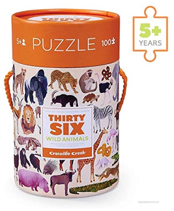 Crocodile Creek Thirty-Six Wild Animals 100 Piece Jigsaw Puzzle in Canister Includes Educational Animal Finder Sheet for Ages 5 Years and Up 1 ea 4054-2