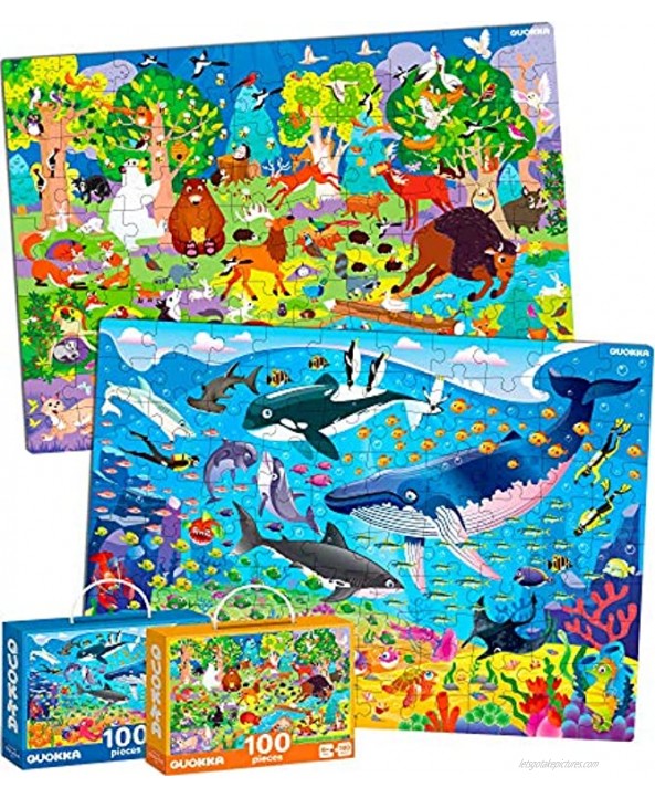 Floor Puzzles for Kids Ages 4-8 – 2 Jigsaw Puzzles for Toddlers 3-5 Years Old – Big 100 Pieces Games for Learning Ocean & Forest Animals by Quokka Gift Toys for Boys and Girl 6 7 and up to 12 yo
