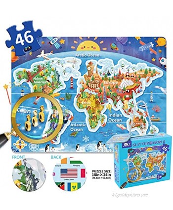 Kids Puzzle for Kids Ages 4-8 World map Floor Puzzle Raising Children Recognition Promotes Hand Eye Coordinatio Loose Powder Process Bulge Design,46Pcs,24x18in