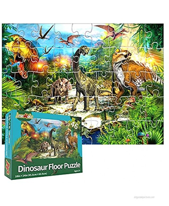 LeonMake Dinosaur Puzzle for Kids Toys: 46 Piece Big Floor Puzzle for 3-8 Year Old Boys & Girls | Fluorescent Jigsaw Puzzles as Christmas Birthday Gift for Toddler | 18 x 24 inch