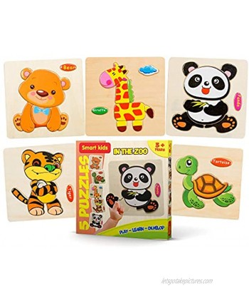 Smart Kids Service Wooden Puzzles for Toddlers – 5 Pack Baby Puzzles Age 3+ Toddlers Puzzles for Boys and Girls in The Zoo Set Tiger Panda Bear Giraffe Tortoise 37 pcs…