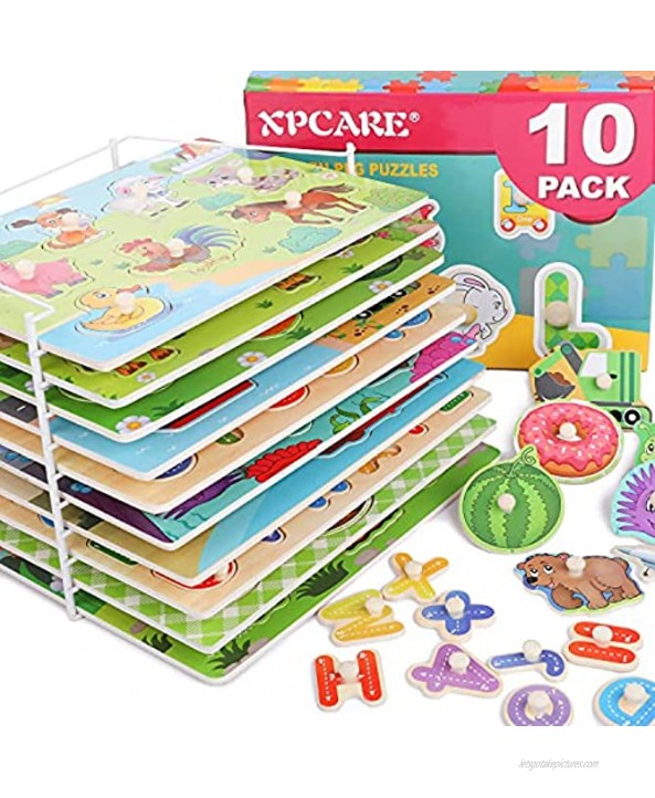 10 Pack XPCARE Wooden Peg Puzzles with Storage Shelf Set Early Childhood Education WoodenPuzzle,Including Animal Vehicle Alphanumeric
