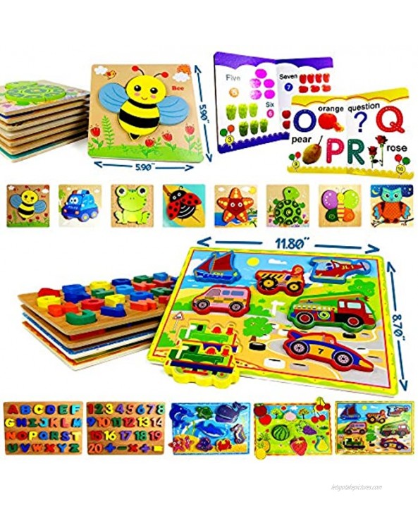 15 Pack Premium Chunky Wooden Puzzles for Toddlers Ages 2-4 Toddler Learning Toys for Boys & Girls Alphabet Numbers Fruits Sea Life Vehicles Animals Jigsaw Peg Puzzles for Kids Value Set