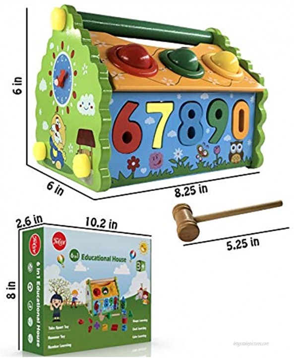 6 in 1 Educational Toy Take Apart & Take Along Sorting House Hammer Game Learn: Number,Counting,Clock,Shape,Color Wooden Birthday Kid Gift for Preschool Boy Girl Baby 3 4 5 6 7 8 Year Old