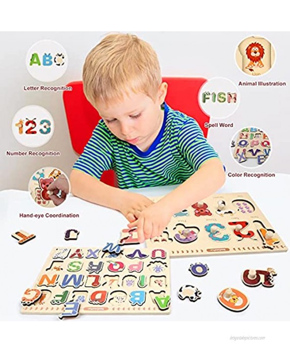 Aomola Wooden Puzzles for Toddlers,Alphabet ABC Numbers Toddler Puzzles Set,Kids Educational Preschool Pegged Puzzles,Learning Toys Gift for 3 Year Old and Up Boys and Girls
