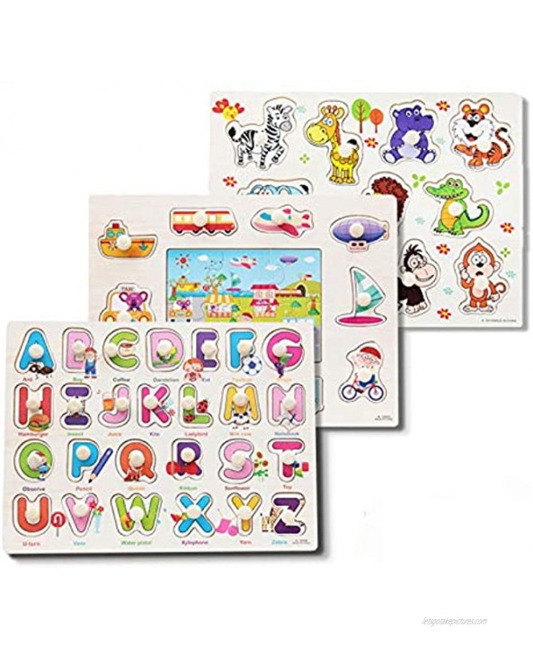 Classic Wooden Peg Puzzles,Set of 3 Alphabet Vehicles and Animals,for Toddlers Preschool Age,Colorful Wood Knob Pieces,Simple Educational and Sensory Learning for 2 Years Up