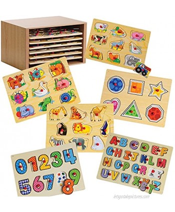 Constructive Playthings Cp Toys Puzzle Storage Case with 6 Knobbed Wooden Puzzles
