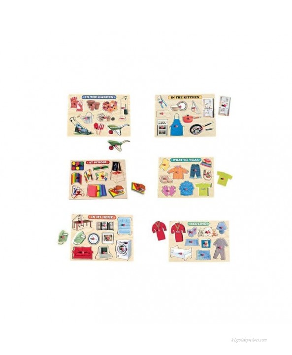 Constructive Playthings Set of Six 11 5 8 x 8 7 8 x 3 8 Things We Know 9 pc. Peg Puzzles for Ages 3 Years and Up