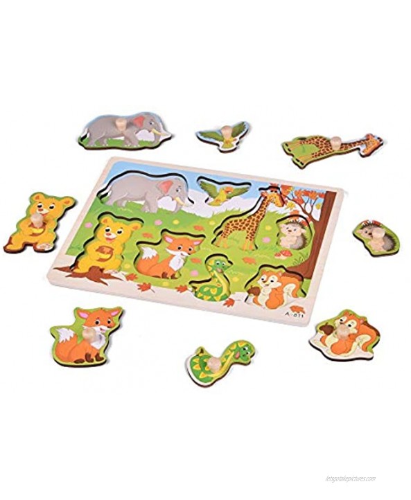 FUN LITTLE TOYS 5 Pcs Wooden Puzzles for Toddlers,Peg Puzzles for Kids with Alphabet ABC Numbers Vehicles Fruit and Farm Animals