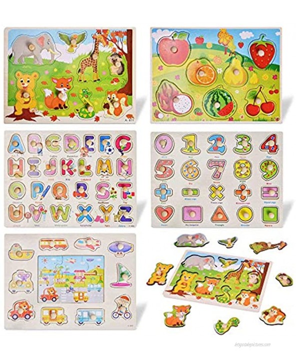 FUN LITTLE TOYS 5 Pcs Wooden Puzzles for Toddlers,Peg Puzzles for Kids with Alphabet ABC Numbers Vehicles Fruit and Farm Animals