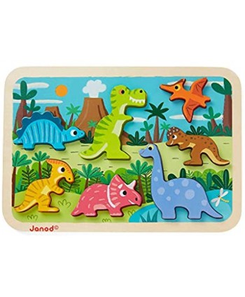 Janos Chunky Puzzle Colorful 7 Piece Wooden Dinosaur Themed Jigsaw Puzzle Encourages Shape Recognition Dexterity and Language Development Toddlers 18 Months+ and Preschool Children 8.27 inches tall J07054