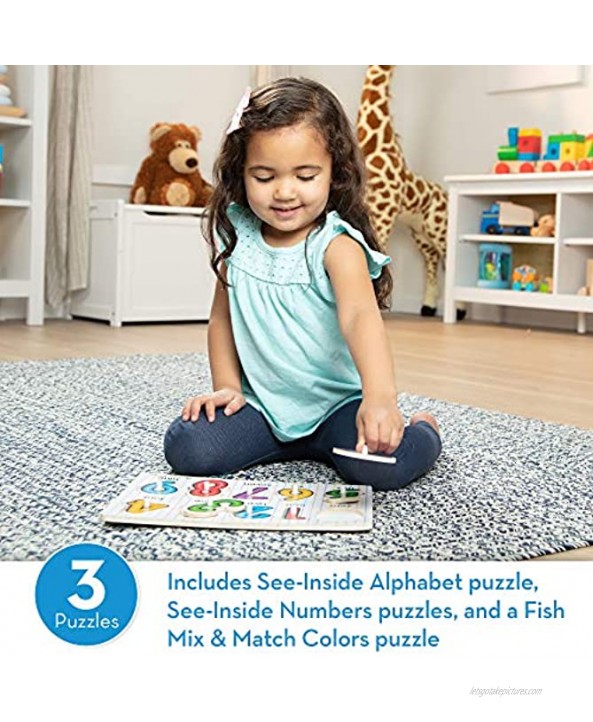 Melissa & Doug 100-Piece Wood Blocks Set & Classic Peg Puzzle Bundle Alphabet Numbers and Fish Colors