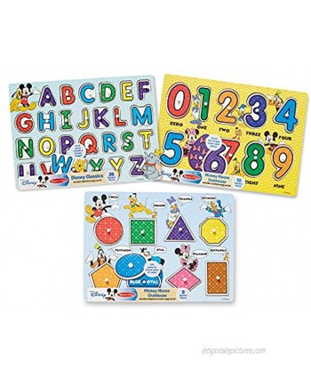 Melissa & Doug Disney Wooden Peg Puzzles Set: Letters Numbers and Shapes and Colors