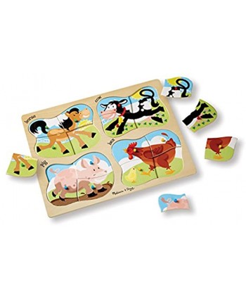 Melissa & Doug Farm 4-in-1 Wooden Peg Puzzle Horse Cow Pig and Hen 16 pcs