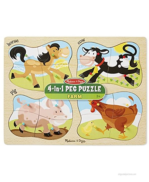 Melissa & Doug Farm 4-in-1 Wooden Peg Puzzle Horse Cow Pig and Hen 16 pcs