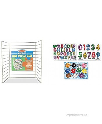 Melissa & Doug Multi-Fit Wire Puzzle Rack & Classic Wooden Peg Puzzles Set of 3 Numbers Alphabet and Colors