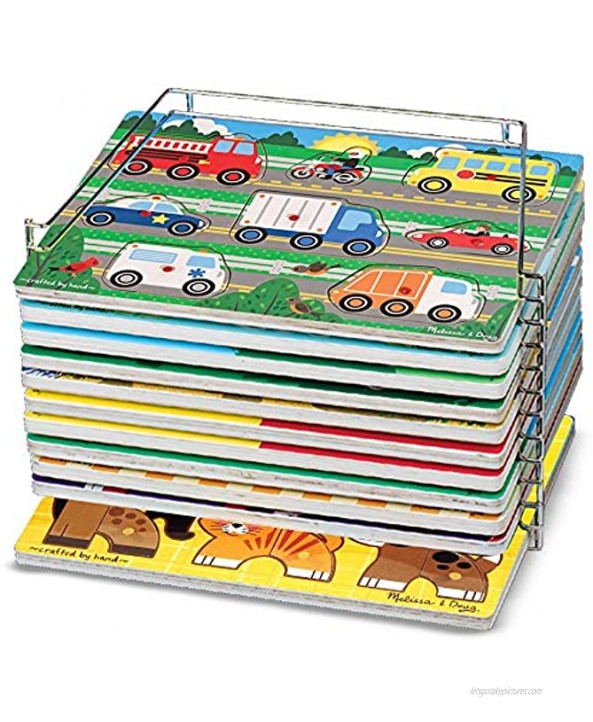 Melissa & Doug Wooden Peg Puzzle 6 Pack Numbers Letters Animals Vehicles & Puzzle Storage Rack Wire Rack Holds 12 Puzzles