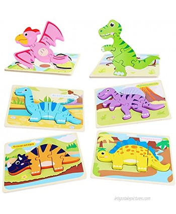 Riccioney 6 Pack Dinosaur Wooden Puzzles for Toddlers Kids Boys and Girls Educational Puzzle Blocks Toys Preschool Kindergarten Gifts