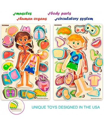 Toddler Puzzles for Kids Ages 2-4-8 by Quokka – 2 Educational Wooden Puzzles for Children 3-5 Years Old – Preschool Game for Learning Human Body Parts Anatomy Skeleton Gift Toys for Boy and Girl