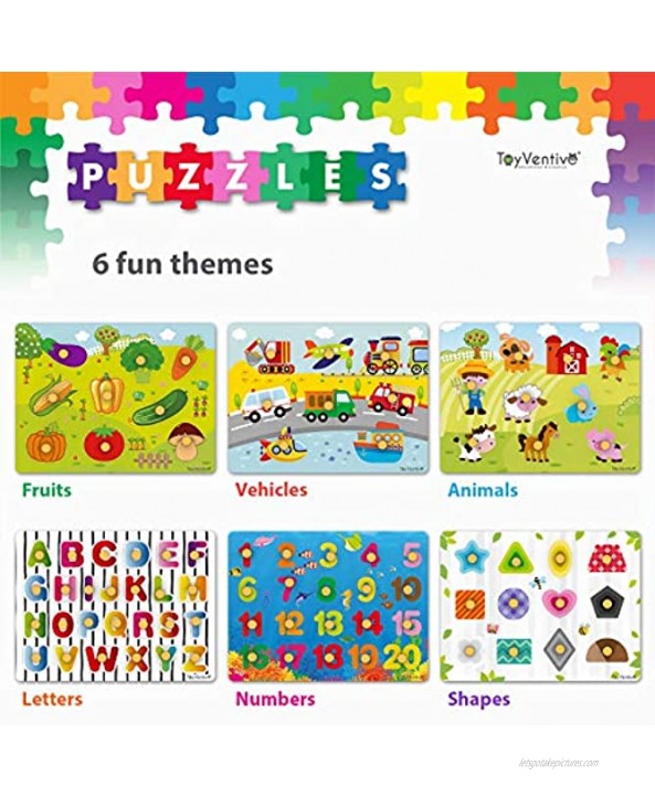 TOYVENTIVE Wooden Peg Puzzles for Toddlers – 6 Pack with Wire Puzzle Holder Rack for Kids Learning Preschool Wood Knob Puzzle Toys for Boys and Girls Alphabet Number Animal Vehicle Shape Fruit
