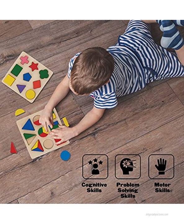 Wood Shape Toddler Puzzles Toys for Kids Set of 2 XL Puzzles with Assorted Shape Blocks Safe Non Toxic and Vibrant Colors Montessori Toy for Little Girls and Boys