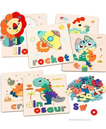 Wooden Animal Alphabet Jigsaw Puzzles 6 Pack Toddlers Educational Learning Toys for 1 2 3 4 Years Old Boys Girls Kids Gifts Animal Jigsaw with Alphabet Puzzles Montessori Stem Toys for Toddlers 1-3