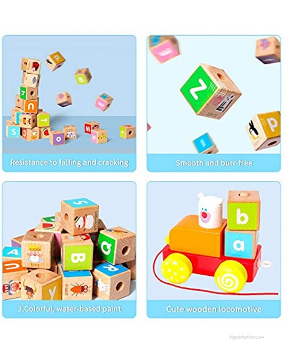 Wooden Building Blocks,Pull Along Wooden Train Toys,26 PCS Alphabet Letters Block Set Montessori Educational Toys for 3 Years Old