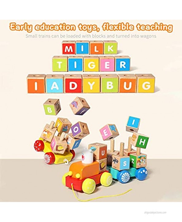 Wooden Building Blocks,Pull Along Wooden Train Toys,26 PCS Alphabet Letters Block Set Montessori Educational Toys for 3 Years Old