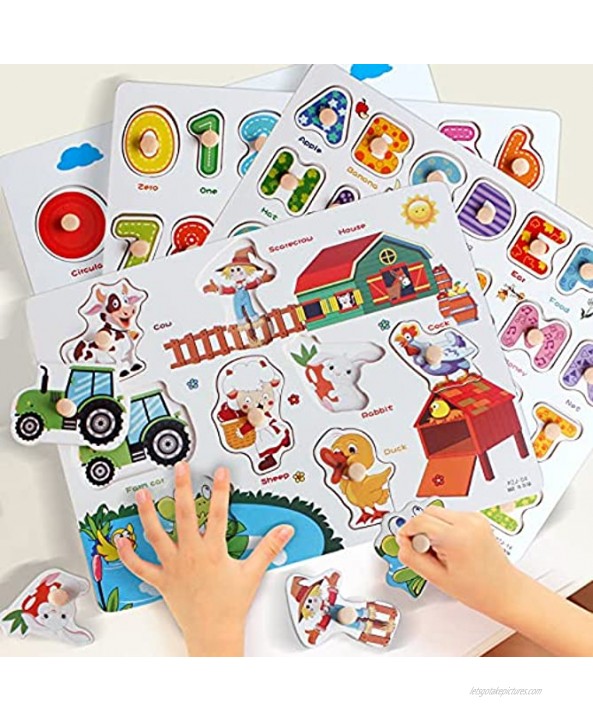 Wooden Peg Puzzles Set for Toddlers 2 3 4 Years Old Alphabet ABC Numbers Shape and Farm Animals Learning Puzzles Board for Kids Preschool Educational Activity Toys Gift for Boys Girls