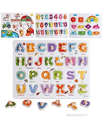 Wooden Peg Puzzles Set for Toddlers 2 3 4 Years Old Alphabet ABC Numbers Shape and Farm Animals Learning Puzzles Board for Kids Preschool Educational Activity Toys Gift for Boys Girls
