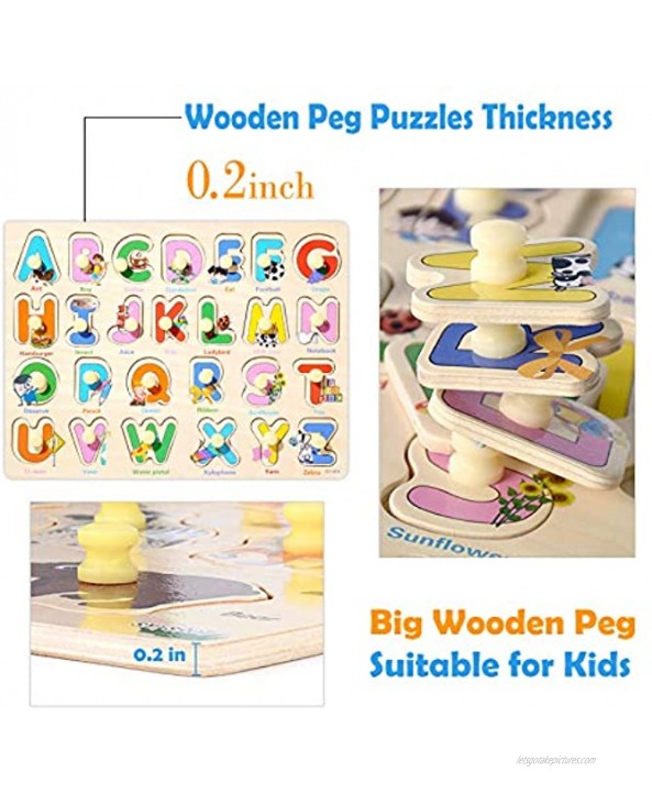 Wooden Peg Puzzles Set for Toddlers 3 4 Years Old Alphabet ABC Numbers and Farm Animals Learning Puzzles Board for Kids Preschool Educational Pegged Puzzles Activity Toys Gift for Boys Girls