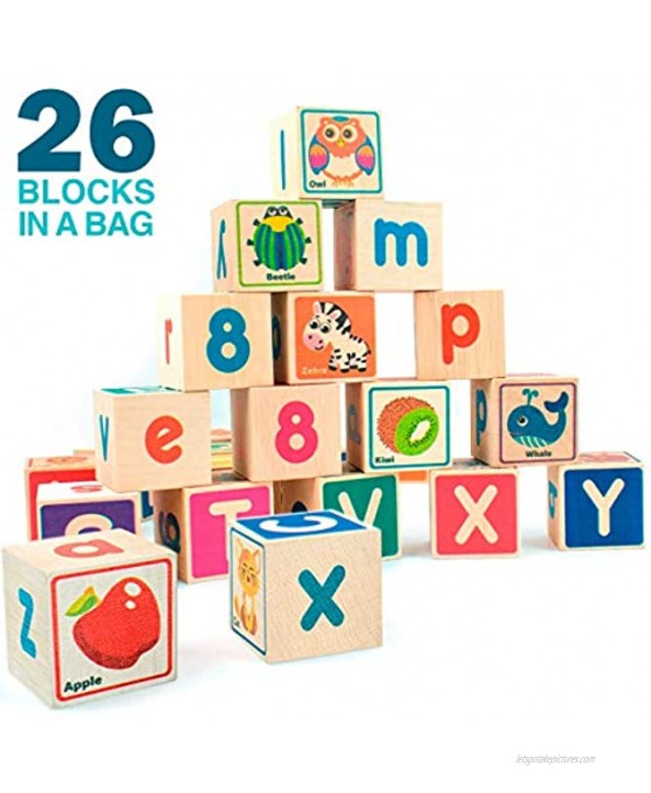 Wooden Puzzles Blocks for Toddlers 1-3 Large 26 Alphabet and Numbers Baby Blocks for Kids Ages 2-4 by Quokka Gift Wood Stacking & Building Toys for Learning ABC Letters for Boys and Girls 2-4