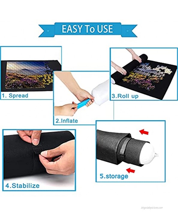 ATOOZ Puzzle Mat Roll Up Store and Transport Jigsaw Puzzles Up to 1500 Pieces 46 x 26 Felt Mat,with 3 Fastening Straps,4 Folding Jigsaw Sorting Tray,Puzzle Saver,Hand Pump,Inflatable Tube