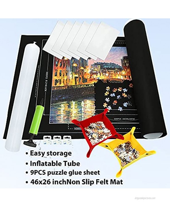 Jigsaw Puzzle Mat Roll Up Puzzle Mat 46” x 26” Portable Up to 1500 Pieces Puzzle Saver with 9 Pieces Puzzle Glue Sheets for Kids and Adults Hand Pump Inflatable Tube and Storage Bag Black