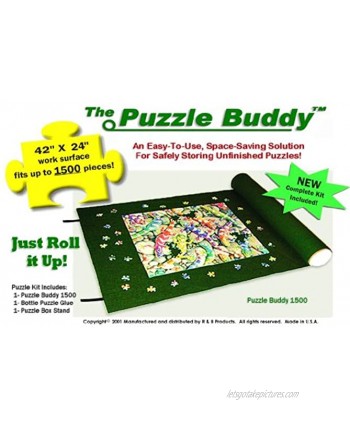 Puzzle Buddy: Jigsaw Puzzle Roll Up Felt Mat | Securely Store Transport Unfinished Puzzles Includes Box Stand and Glue Kit Perfect for Grandparents Grandkids and Puzzle Enthusiasts | Made In the USA Storage Kit For Puzzles Up To 1500 Pieces 42" x 24&#