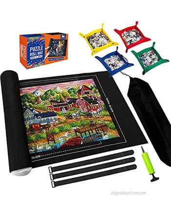 Puzzle Mat Roll Up,Store and Transport Puzzles to 1500 Pieces,with 4 Folding Jigsaw Sorting Tray Hand Pump Inflatable Tube 45.7"x 26"Black