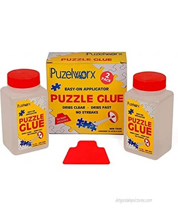 PuzzleWorx Easy-On Applicator Puzzle Glue Pack of 2 Non Toxic Clear Glue for 1000 Piece Puzzles 4.2 oz Each Bottle Total 8.4