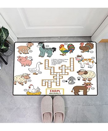 Kids Game Custom Doormats Crossword Educational Puzzle for Children with Different Farm Animals and Numbers Absorbent Low-Profile Door Mat for Entry 16" x 24" Multicolor