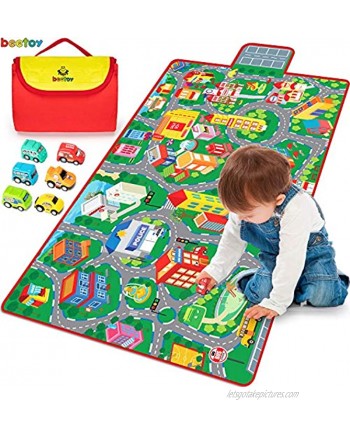 Kids Road Carpet Play Mat for Toy Cars Portable Anti-Slip Large Play Rug for Toddlers with 6 Car Children Educational Road Traffic Play Mat for Play Room Game