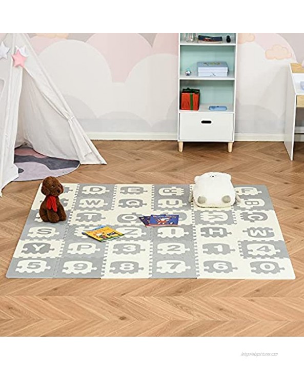 Qaba Kids Foam Puzzle Floor Tiles Baby Toddler Educational Play Mat 36 Pcs 12.5 x 12.5 with Letters and Numbers Anti-Slip Crawling Learning 35SqFt EVA