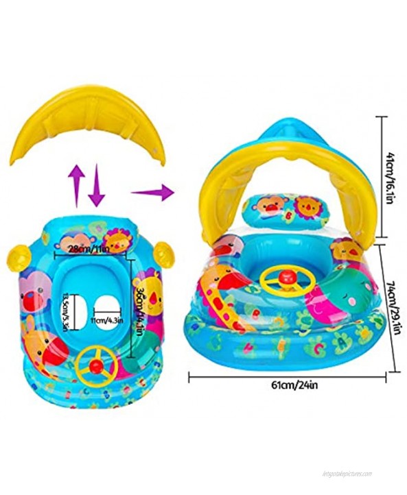 Baby Pool Floats with Removable Canopy Summer Toddlers Outdoor Toys Inflatable Swim Pool Floaties for Infants with Steering Wheel Swimming Pool Accessories Water Floats Outside Toys for Kids Children
