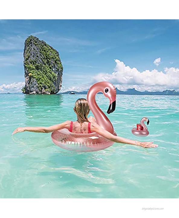 GROBRO7 2Pack Inflatable Flamingo Pool Float Flamingo Drink Holder Set Elegant Vinyl Swimming Floaty Pool Toy with Glitters Outdoor Water Lounge Inflatable Raft with Floating Coasters for Adults & Kid