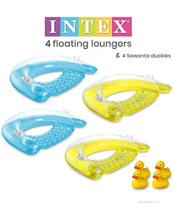 Inflatable Chair Floats with Cup Holders [Set of 4] Sit 'N Float Inflatable Colorful Floating Loungers Sitting Pool Floats come in 2 Fun Colors; Blue & yellow Bundled with 4 Sewanta Duckies