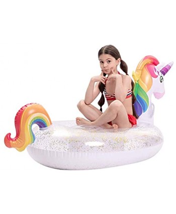 JOYIN Inflatable Unicorn Pool Float with Glitters Fun Beach Floaties Ride On Unicorn Raft Pool Toys Summer Party Lounge Raft Decorations for Kids 69” x 29.5” x  33.5”