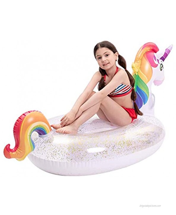 JOYIN Inflatable Unicorn Pool Float with Glitters Fun Beach Floaties Ride On Unicorn Raft Pool Toys Summer Party Lounge Raft Decorations for Kids 69” x 29.5” x  33.5”