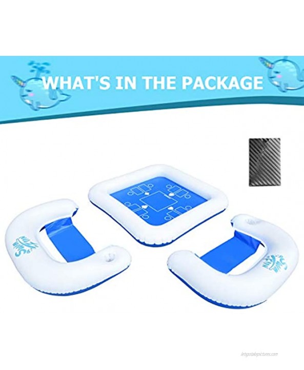 MELANIE'S POWER Inflatable 3-Piece Poker Game Deck and Chairs with Waterproof Playing Cards Swimming Pool Float Raft- White and Blue
