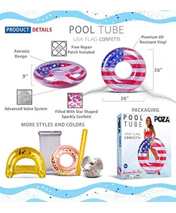POZA Inflatable Pool Float Tube Luxurious Fun Lounger Filled with Sparkle Silver Stars Confetti Cool USA Flag Design Water Swimming Ring Pool Floaties for Beach Lake & Pool 36 Inch USA Flag